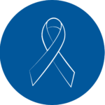 A blue awareness ribbon symbolising support, care, and services for individuals affected by cancer.