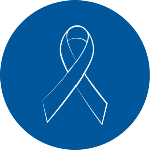 A blue awareness ribbon symbolising support, care, and services for individuals affected by cancer.