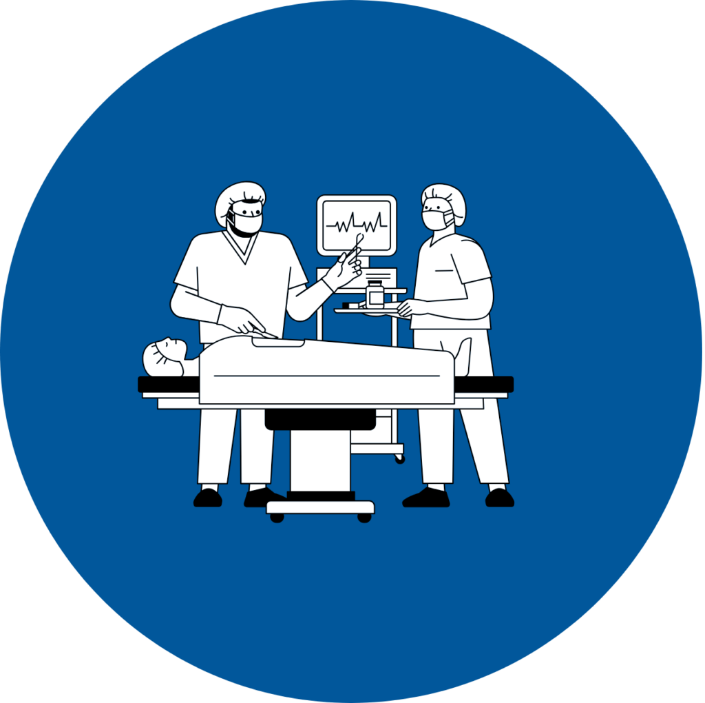 An illustration of two medical professionals performing surgery in an operating room, representing advanced clinical care.