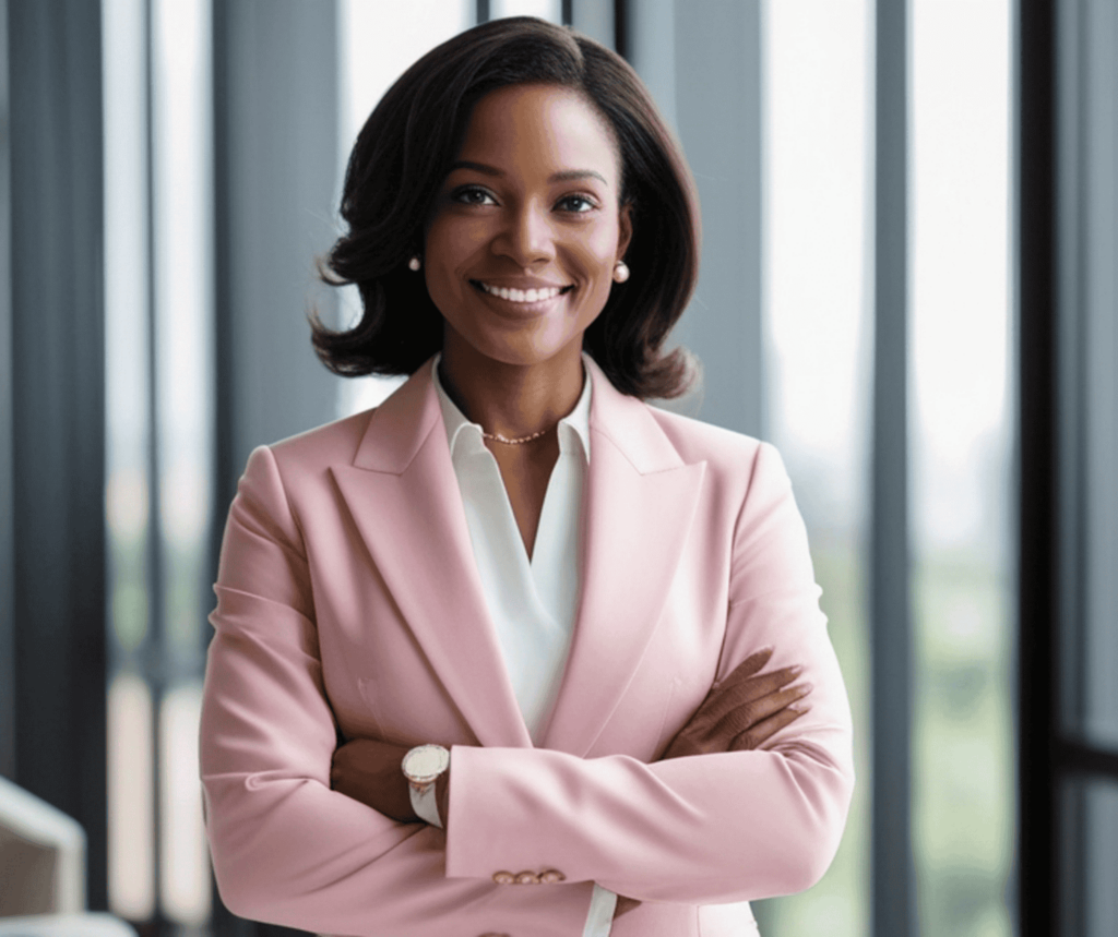 A confident professional standing with arms crossed in a bright, modern setting, wearing a light pink blazer and smiling warmly.