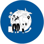 An illustrated family standing in front of a globe with travel icons, representing global movement and emergency travel support.