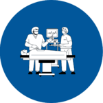 An illustration of two medical professionals performing surgery in an operating room, representing advanced clinical care.