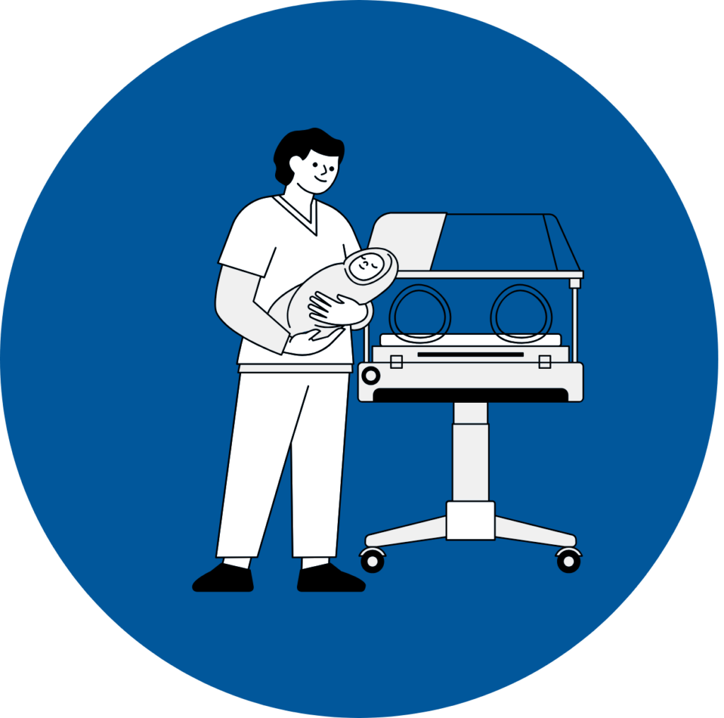 An illustration of a healthcare professional holding a newborn beside an incubator, representing medical care before and after hospital treatment.