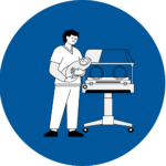 An illustration of a healthcare professional holding a newborn beside an incubator, representing medical care before and after hospital treatment.